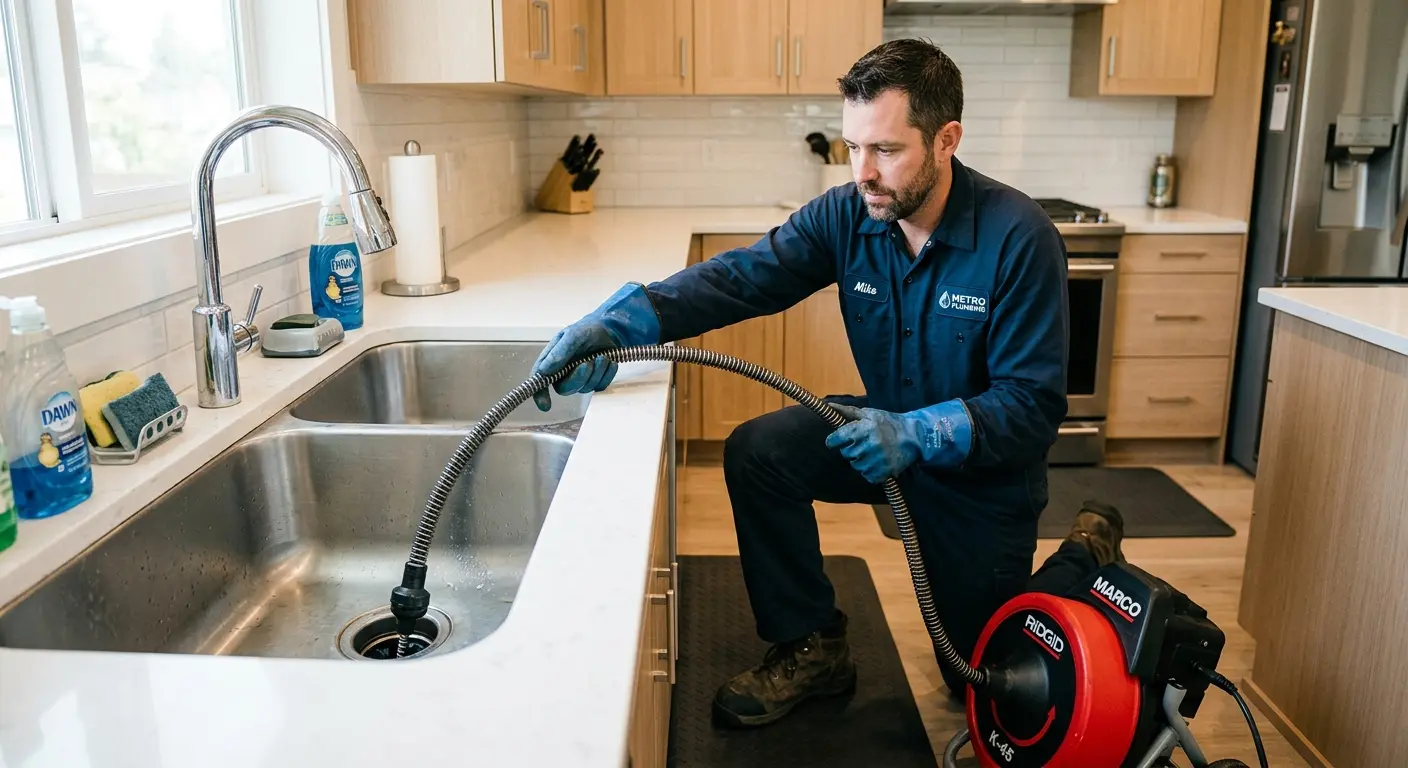 Drain cleaning technician using a motorized snake on a kitchen sink in Kendale Lakes