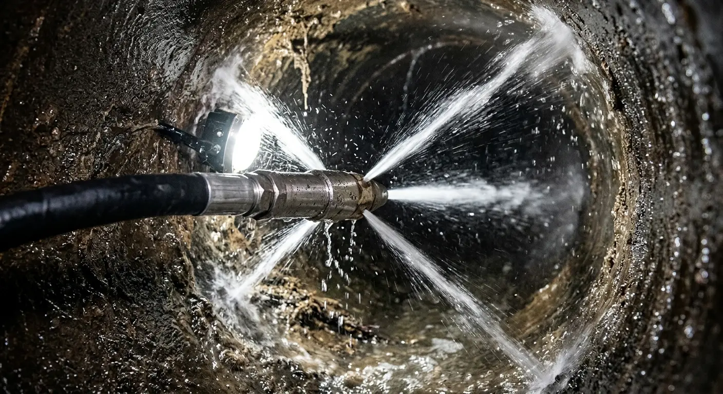 High-pressure hydro jetting nozzle cleaning sewer pipe for Emergency Drain Service in Kendale Lakes