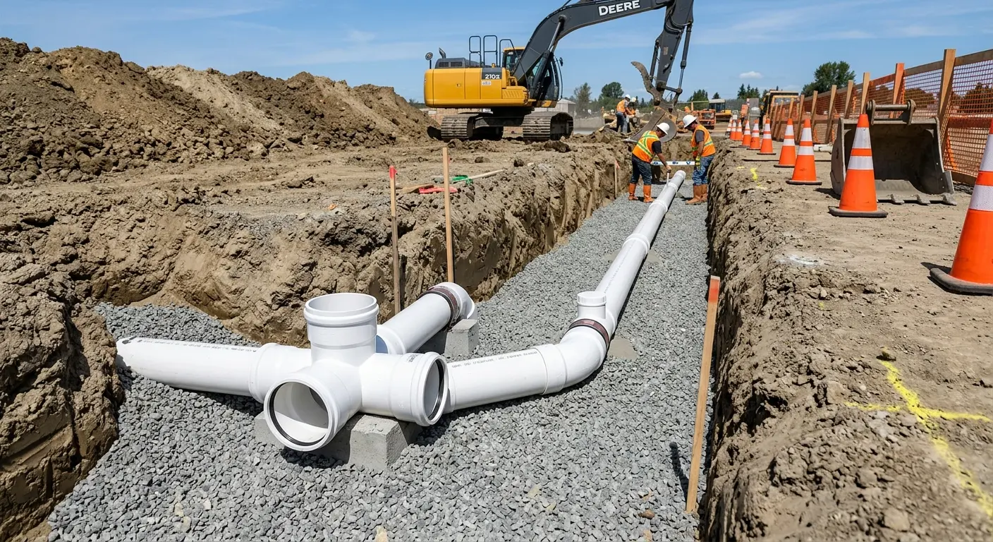 New PVC sewer pipe installation in open trench for Commercial Drain Cleaning in Kendale Lakes