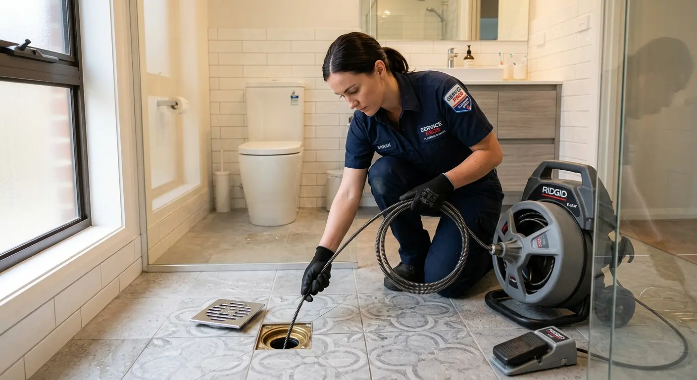 Technician clearing a bathroom floor drain for Clogged Drain Repair in Kendale Lakes
